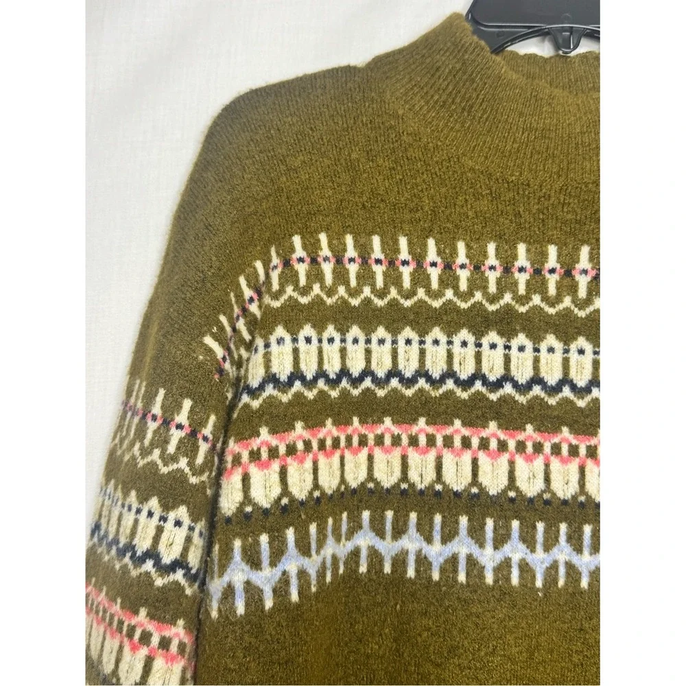 Fat Face‎ Womens Olive Green Fair Isle Multi Print Sweater Sz 10 Mockneck